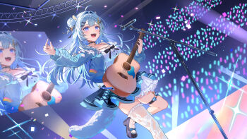Rule 34 | 1girl, ahoge, animal ears, azna, bass guitar, black choker, black shoes, blue eyes, blue hair, blue jacket, blue skirt, braid, choker, commentary request, concert, frilled choker, frills, glowstick, gradient eyes, guitar, hair bun, hair intakes, highres, holding, holding guitar, holding instrument, indie virtual youtuber, instrument, jacket, layered skirt, long hair, long sleeves, microphone stand, multicolored eyes, neru momo (vtuber), open clothes, open jacket, open mouth, pink eyes, screen, screen zoom, shirt, shoes, single thighhigh, skirt, smile, solo, stage, stage lights, standing, standing on one leg, tail, thighhighs, virtual youtuber, white shirt, white thighhighs