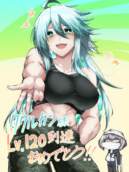 1boy 1girl ahoge arm_sling bandages breasts commentary_request fate/grand_order fate_(series) green_eyes green_hair highres kukulkan_(fate) large_breasts long_hair midriff muscular muscular_female open_mouth pants tank_top tgxx3300