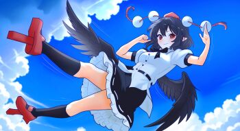Rule 34 | 1girl, black hair, black skirt, black socks, black wings, blue sky, cloud, commentary, day, feathered wings, frilled skirt, frills, full body, geta, hat, highres, looking at viewer, pointy ears, pom pom (clothes), puffy sleeves, red eyes, red hat, shameimaru aya, shirt, short hair, skirt, sky, smile, socks, solo, tengu, tengu-geta, tokin hat, touhou, untranslatable commentary, white shirt, wings, zivmf
