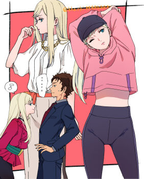 ... 1boy 1girl arms_behind_head bhachi88888888 black_pants blonde_hair blue_eyes blue_suit brown_hair brown_pants commentary_request face-to-face formal_clothes gigi_andalusia gundam gundam_hathaway's_flash hathaway_noa high_ponytail highres hood hoodie long_hair long_sleeves midriff one_eye_closed pants ponytail puffy_long_sleeves puffy_short_sleeves puffy_sleeves red_shirt shirt short_sleeves smile suit track_pants white_shirt