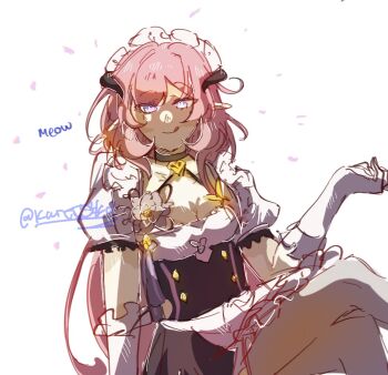 Rule 34 | 1girl, black dress, black horns, blue eyes, breasts, bug, butterfly, cleavage, commentary, crossed legs, diamond-shaped pupils, diamond (shape), dress, elysia (honkai impact), elysia (miss pink) (honkai impact), elysia (miss pink elf) (honkai impact), english commentary, fake horns, gloves, highres, honkai (series), honkai impact 3rd, horns, insect, karetokoi, large breasts, licking lips, long hair, looking at viewer, maid, maid headdress, official alternate costume, puffy short sleeves, puffy sleeves, short sleeves, sitting, solo, symbol-shaped pupils, tongue, tongue out, twitter username, very long hair, white background, white gloves