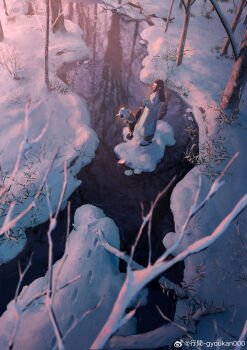 Rule 34 | 2boys, absurdres, animal ears, bare tree, black hair, black pants, blue robe, cat boy, cat ears, chinese commentary, commentary request, dawn, footprints, from above, grey shirt, gyoukan (jfxc), high kick, highres, kicking, long hair, luo xiaohei, luo xiaohei (human), luo xiaohei zhanji, multiple boys, outdoors, pants, river, robe, scenery, shirt, short sleeves, snow, tree, watermark, weibo watermark, white hair, wide shot, winter, wuxian (the legend of luo xiaohei)