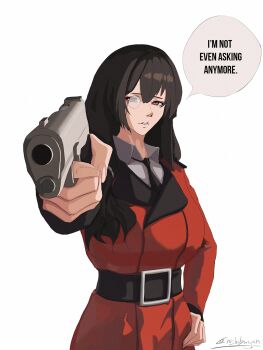 1girl artist_name belt black_belt black_necktie brown_eyes coat collared_shirt commentary english_commentary english_text girls&#039;_frontline griffin_&amp;_kryuger_military_uniform gun hair_between_eyes handgun helianthus_(girls&#039;_frontline) highres holding holding_gun holding_weapon long_hair long_sleeves looking_at_viewer monocle necktie nishibuya parted_lips aiming red_coat shirt simple_background solo teeth upper_body weapon white_background white_shirt