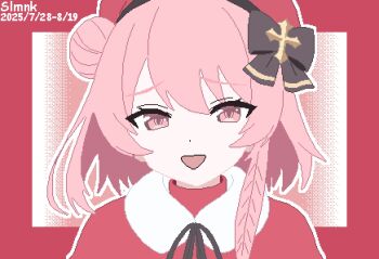 Rule 34 | 1girl, absurdres, black bow, blue archive, border, bow, capelet, fur-trimmed capelet, fur trim, hair bow, hair bun, hashtag-only commentary, hat, highres, looking at viewer, official alternate costume, open mouth, outside border, pink eyes, pink hair, pixel art, portrait, red border, red capelet, red hat, serina (blue archive), serina (christmas) (blue archive), short hair, single hair bun, slmnk10124, smile, solo