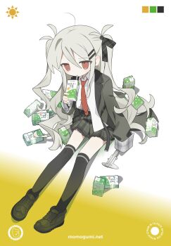 1girl black_jacket black_ribbon black_shoes black_skirt black_thighhighs caliper daizu_(melon-lemon) drinking drinking_straw full_body grey_hair hair_ribbon highres holding holding_milk_carton jacket long_hair milk_carton miniskirt necktie open_clothes open_jacket original pleated_skirt red_necktie ribbon sample_watermark shoes sitting skirt solo thighhighs two_side_up watermark