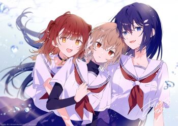 2024 3girls aono_nachi black_choker blue_eyes blue_hair blue_skirt brown_eyes brown_hair bubble choker closed_mouth commentary_request company_name copyright_notice crossed_bangs floating_hair hair_between_eyes hair_ornament head_on_another's_shoulder layered_sleeves long_hair long_sleeves looking_at_viewer multiple_girls neckerchief official_art open_mouth orange_hair oumi_shiori red_hair red_neckerchief sailor_collar school_uniform second-party_source shirt short_over_long_sleeves short_sleeves signature skirt smile two_side_up upper_body very_long_hair watashi_wo_tabetai_hitodenashi white_sailor_collar white_shirt yaotose_hinako yashiro_miko