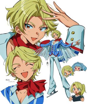 1boy 1girl :d absurdres aged_down amou_june blonde_hair blue_jacket brown_eyes chibi closed_eyes grgrton highres himuro_hijiri ice_skates jacket king_of_prism long_sleeves looking_at_viewer male_focus multiple_views open_mouth outstretched_arms pretty_rhythm pretty_series red_scarf scarf short_hair simple_background skates smile spread_arms translation_request white_background