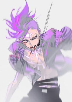 1boy asymmetrical_hair black_choker black_pants blood body_markings choker dragon_boy_(to_be_hero_x) eyebrow_piercing face_piercing facial_mark furrowed_brow hawaiian_shirt highres male_focus nosebleed open_clothes open_mouth open_shirt pants piercing print_shirt purple_hair purple_shirt sd2190392804 shirt short_hair sidecut sketch solo spiked_hair to_be_hero to_be_hero_x undercut upper_body