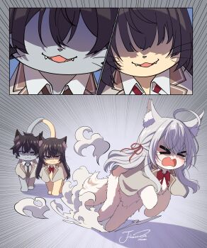 >_< absurdres ahoge alisa_mikhailovna_kujou animal animalization bow bowtie brother_and_sister brown_hair brown_jacket brown_necktie cat clothed_animal commentary fleeing grey_hair hair_ribbon highres j_humbo jacket kuze_masachika long_hair necktie no_humans open_mouth red_bow red_bowtie red_ribbon ribbon school_uniform seiren_academy_school_uniform short_hair siblings signature smile suou_yuki symbol-only_commentary tokidoki_bosotto_roshia-go_de_dereru_tonari_no_alya-san