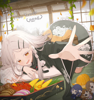 1girl 2026 absurdres arm_support back_bow black_bow black_bowtie black_kimono bow bowtie braid character_doll chibigurumi colored_eyelashes commentary_request doll earrings floral_print floral_print_kimono flower food frilled_kimono frills fruit full_body gakuen_idolmaster grey_hair grey_sky hair_ornament hairclip hanami_ume happy_new_year hataya_misuzu highres idolmaster indoors japanese_clothes jewelry kabomeel_lse kimono kneeling kuramoto_china long_hair long_sleeves looking_at_viewer mandarin_orange new_year open_mouth orange_bow osechi outstretched_arm parallel_hairclips parted_bangs print_kimono reaching reaching_towards_viewer rose shinosawa_hiro shouji shrimp signature single_braid sky sliding_doors solo stud_earrings sweatdrop tatami white_flower white_rose wide_sleeves