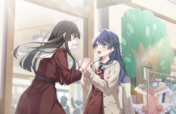 5girls :d black_hair blue_eyes blue_hair blue_ribbon blunt_bangs brown_eyes ceiling_light ceras_yanagida_lilienfeld ceras_yanagida_lilienfeld_(mahou_shoujo_rhythmic_heart) clothes_hanger dress eye_contact floating_hair game_cg hair_intakes hair_ribbon half_updo hallway hasu_no_sora_school_uniform highres indoors kachimachi_kosuzu kachimachi_kosuzu_(mahou_shoujo_rhythmic_heart) link!_like!_love_live! long_hair long_sidelocks looking_at_another love_live! mole mole_on_neck multiple_girls murano_sayaka murano_sayaka_(mahou_shoujo_rhythmic_heart) non-web_source official_art open_mouth pink_dress profile red_ribbon ribbon school_uniform sidelocks smile unworn_dress virtual_youtuber yugiri_tsuzuri yugiri_tsuzuri_(eisritter)