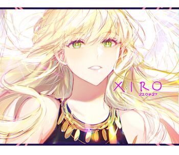 1girl :d black_shirt blonde_hair commentary feathered_wings floating_hair green_eyes grin letterboxed long_hair looking_at_viewer omniscient_reader&#039;s_viewpoint open_mouth portrait shirt smile solo symbol-only_commentary uriel_(omniscient_reader&#039;s_viewpoint) very_long_hair white_wings wind wings xiro