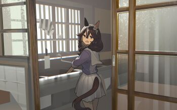 1girl absurdres animal_ears ashinowoto brown_eyes brown_hair curren_bouquetd&#039;or_(umamusume) from_behind hair_between_eyes highres horse_ears horse_girl horse_tail long_hair looking_at_viewer open_mouth pleated_skirt purple_shirt sailor_collar school_uniform shirt skirt solo tail tracen_school_uniform umamusume white_sailor_collar white_skirt
