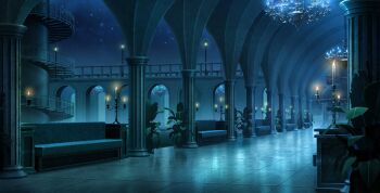 arch bench building candle candlestand chandelier column commentary highres night no_humans original pillar plant potted_plant reflective_floor scenery sky star_(sky) starry_sky symbol-only_commentary tile_floor tiles yu02257951