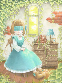 1girl blindfold boots brown_hair chair chest_of_drawers chiori_n colored_pencil_(medium) commentary_request doll dress facing_viewer full_body highres original overgrown sitting solo traditional_media twintails