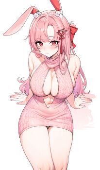 1girl absurdres animal_ear_fluff animal_ears arm_support bare_shoulders blunt_bangs blush bow breasts center_opening cleavage cleavage_cutout closed_mouth clothing_cutout collarbone commentary_request commission grey_panties hair_bow hair_ornament highres korean_commentary large_breasts long_hair looking_at_viewer nail_polish navel on_ground original panties parted_bangs pink_hair pink_nails rabbit_ears red_bow red_eyes second-party_source sideless_sweater sidelocks simple_background single_ear_down sitting solo sweater tassel tassel_hair_ornament thighs turtleneck turtleneck_sweater underwear very_long_hair virgin_killer_sweater welch white_background