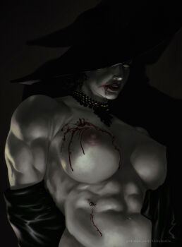 Rule 34 | 1girl, abs, absurdres, alcina dimitrescu, artist name, black flower, black rose, blood, blood from mouth, blood on chest, commentary, dima ivanov, english commentary, english text, flower, hat, highres, jacket, jewelry, lipstick, looking at viewer, makeup, mature female, muscular, muscular female, necklace, nipples, nose, obliques, open clothes, open jacket, pale skin, pearl necklace, red lips, resident evil, resident evil village, rose, shadow, simple background, smeared lipstick, solo, sun hat, upper body, watermark, web address