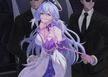 1girl 2boys aqua_eyes arms_behind_back bare_shoulders bdsm black_suit blue_hair blush bondage bound bound_arms bound_wrists breast_bondage breasts business_suit choker cleavage collar detached_sleeves dragging dress formal_clothes gag gagged hair_between_eyes halo halo_behind_head head_wings honkai:_star_rail honkai_(series) jewel_under_eye kidnapping large_breasts long_hair multiple_boys pulling purple_choker purple_collar purple_rope restrained robin_(honkai:_star_rail) rope rope_gag shibari shibari_over_clothes strapless strapless_dress suit sunglasses teru_cats very_long_hair white_dress white_wings wings