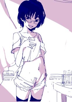 1girl blush clothes_pull clothing_cutout crop_top cutoffs glasses highres jinkai_yamizawa mole mole_on_cheek mole_on_stomach monochrome naughty_face navel object_in_clothes open_mouth original short_shorts shorts shorts_pull shoulder_cutout sketch solo stomach table test_tube test_tube_rack thighhighs