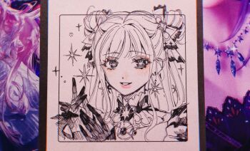 1girl bow chinese_commentary choker commentary_request cross cross_print dot_nose double_bun dress eyelashes eyeshadow four-pointed_star frilled_choker frilled_dress frilled_wrist_cuffs frills game_screenshot_inset gloves greyscale hair_bow hair_bun hair_ornament hair_ribbon hexagram highres infinity_nikki light_blush lipstick long_hair looking_at_viewer makeup meyyo monochrome nikki_(nikki) nikki_(series) outside_border own_hands_together parted_lips pink_lips print_bow ribbon sidelocks smile solo sparkle spot_color star-shaped_pupils star_(symbol) star_choker star_hair_ornament symbol-shaped_pupils teeth threads_of_reunion_(infinity_nikki) traditional_media upper_body very_long_hair wavy_hair wrist_cuffs