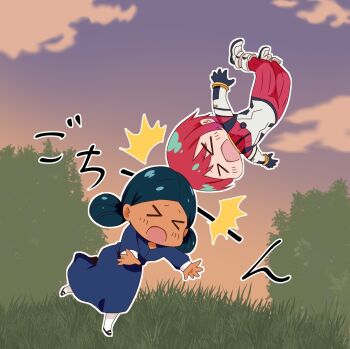 >_< 2girls amate_yuzuriha bindi black_hair bodysuit chibi closed_eyes commentary_request dark-skinned_female dark_skin day double_bun dress grass green_eyes gundam gundam_gquuuuuux hair_bun headbutt highres lalah_sune long_sleeves mecha_pilot_suit multicolored_bodysuit multiple_girls normal_suit_(gundam) open_mouth outdoors red_hair saka_ryouka short_hair sky