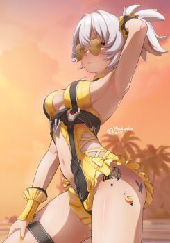 1girl absurdres arm_up armpits breasts closed_mouth clothing_cutout cosplay eous_(zenless_zone_zero) highres medium_breasts mesaria_art navel navel_cutout one-piece_swimsuit orange_eyes orange_nails ponytail seed_(zenless_zone_zero) soldier_11_(zenless_zone_zero) solo sunglasses sweat swimsuit thick_thighs thigh_strap thighs vivian_banshee vivian_banshee_(iris_of_the_shore) vivian_banshee_(iris_of_the_shore)_(cosplay) white_hair zenless_zone_zero