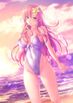 1girl beach breasts casual_one-piece_swimsuit cloud covered_navel feet_out_of_frame gradient_sky gundam gundam_seed gundam_seed_destiny hair_ornament highleg highleg_one-piece_swimsuit large_breasts long_hair meer_campbell ocean one-piece_swimsuit orange_sky pink_eyes purple_hair purple_one-piece_swimsuit ryu-akt sky solo star_(symbol) star_hair_ornament strapless strapless_one-piece_swimsuit sunset swimsuit wet
