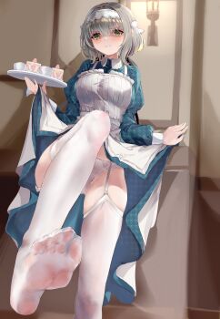 1girl absurdres blue_dress cake cake_slice clothes_lift cup dress dress_lift embarrassed female_pubic_hair food foot_up gakuen_idolmaster garter_straps green_eyes grey_hair hand_on_wall hands_up highres hiwatari_kanae holding holding_tray idolmaster long_dress maid maid_headdress panties parted_lips pubic_hair qiangz short_hair solo sweatdrop tray underwear wall_lamp wet_thighhighs white_panties