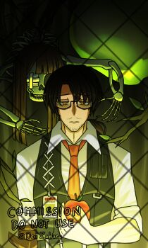 Rule 34 | 1boy, 1girl, absurdres, apple, arthropod limbs, artist name, beard stubble, belt, black-framed eyewear, black-framed glasses, black belt, black pants, black vest, brown eyes, brown hair, buckle, closed mouth, collared shirt, english text, expressionless, facial hair, fence, food, from front, fruit, gauze, gauze over eye, glasses, golden apple (project moon), gregor (project moon), hair between eyes, half-closed eyes, highres, holding, holding food, holding fruit, id card, jitome, limbus company, long hair, long sleeves, looking down, low ponytail, male focus, necktie, pants, parted bangs, photoshop (medium), pink hair, pocket, ponytail, project moon, red necktie, semi-rimless eyewear, shirt, skeleton, sleeves rolled up, solo focus, standing, straight-on, stubble, twitter username, under-rim eyewear, upper body, vest, white shirt, wing collar, yellow eyes, yuri (project moon)