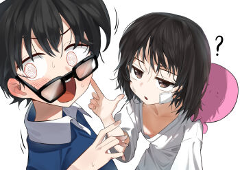 1boy 1girl ? @_@ absurdres accidental_exposure averting_eyes azuma_naoki black_hair blue_sweater blush breasts brown_eyes cheek_poking downblouse ear_blush gauze gauze_on_cheek highres kuze_shizuka loli mong91 nipples open_mouth oversized_clothes oversized_shirt poking shirt short_hair small_breasts sweatdrop sweater takopii takopii_no_genzai white_background white_shirt wing_collar