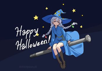 Rule 34 | 1girl, black boots, blue eyes, blue hat, bolt (hardware), boots, braid, commentary, english commentary, flying, full body, halloween, happy halloween, hat, highres, knee boots, looking at viewer, night, night sky, original, print hat, sbarky38, sky, solo, star (sky), star (symbol), star print, starry sky, twin braids, witch, witch hat