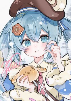 1girl :t absurdres animal-themed_food artist_name bare_tree blue_eyes blue_hair blue_jacket blush brown_hat commentary hat hatsune_miku highres jacket looking_at_viewer necktie pink_necktie ria_art snow snowflakes solo sprinkle_print tree upper_body vocaloid yuki_miku yuki_miku_(2025)