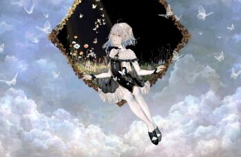 Rule 34 | 1girl, bug, butterfly, ciel (kamitsubaki studio), cloud, commentary request, dress, field, flower, flower field, full body, highres, insect, kamitsubaki studio, looking to the side, pantyhose, shirone (coxo ii), short hair, sky, solo, surreal, white eyes, white hair, white pantyhose