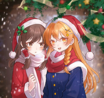Rule 34 | 2girls, :d, blonde hair, blue jacket, blurry, blurry background, blush, braid, brown eyes, buttons, christmas, christmas wreath, commentary request, frilled hair tubes, frills, hair between eyes, hair ornament, hair tubes, hairclip, hakurei reimu, hat, highres, jacket, kirisame marisa, koharustuki, long hair, looking at another, looking at viewer, medium hair, mixed-language commentary, multiple girls, open mouth, red hat, red scarf, santa hat, scarf, single braid, smile, snowing, teeth, touhou, upper body, upper teeth only, white scarf, wreath, x hair ornament