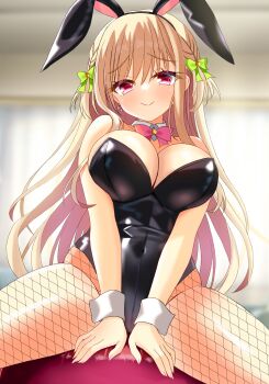 1girl absurdres alternate_costume animal_ear_hairband animal_ears ball bare_legs bare_shoulders black_hairband blonde_hair blurry blurry_background blush bow bowtie braid breasts c: cleavage closed_mouth commentary_request covered_navel cowboy_shot dated_commentary detached_collar earrings exercise_ball eyes_visible_through_hair fake_animal_ears fishnet_pantyhose fishnets furrowed_brow green_bow hair_between_eyes hair_bow hairband highleg highleg_leotard highres indoors jewelry kakenuke_seishun_sparking! kashima_riri large_breasts leotard long_hair looking_at_viewer pantyhose pink_bow pink_bowtie playboy_bunny rabbit_ears red_eyes sakuratoru shiny_skin side_braids sidelocks sitting sitting_on_ball smile solo split_mouth spread_legs strapless strapless_leotard thighs twin_braids very_long_hair white_wrist_cuffs wrist_cuffs