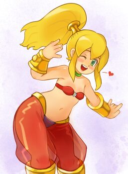 Rule 34 | 1girl, android, arabian clothes, bandeau, blonde hair, choker, cosplay, drawfag, feet out of frame, flat chest, full body, gold bracer, green choker, green eyes, hair tubes, hands up, harem outfit, harem pants, heart, highres, leaning forward, long hair, looking at viewer, mega man (classic), mega man (series), metal hair tubes, navel, o-ring, o-ring top, one eye closed, open mouth, pants, ponytail, red bandeau, red pants, roll (mega man), see-through clothes, see-through pants, shantae, shantae (cosplay), shantae (series), simple background, smile, solo, standing, teeth, upper teeth only, white background
