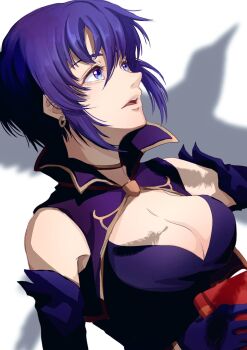 1girl bare_shoulders bird book breasts cleavage crow dress earrings elbow_gloves falling_feathers feathers fire_emblem fire_emblem:_the_blazing_blade gloves gold_trim highres holding holding_book jewelry large_breasts looking_up nintendo parted_lips purple_eyes purple_gloves purple_hair shadow short_hair solo sturm_fe_k11 upper_body ursula_(fire_emblem)