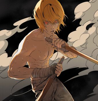 1boy black_background blonde_hair dust_cloud holding holding_weapon hunter_x_hunter killua0u0 kurapika male_focus nipples pants red_eyes solo sweat toned toned_male weapon