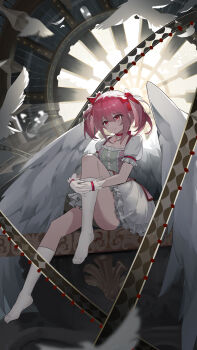 1girl absurdres bird bow bow_choker bubble_skirt choker dress feathered_wings frilled_dress frilled_gloves frilled_sleeves frills gloves hair_bow highres kaname_madoka kaname_madoka_(magical_girl) knee_up liangle_(13777171889) magical_girl mahou_shoujo_madoka_magica mahou_shoujo_madoka_magica_(anime) pink_dress pink_eyes pink_hair red_bow red_choker short_twintails sidelocks skirt socks solo twintails white_bird white_gloves white_socks white_wings wings