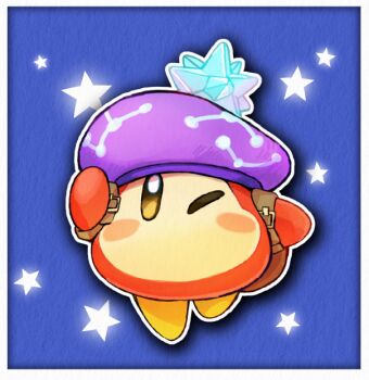 astronomer_waddle_dee blue_background blush blush_stickers border commentary_request constellation_print full_body hat kirby_(series) kirby_and_the_forgotten_land mikeli_li_(artist) nintendo no_humans no_mouth one_eye_closed outline purple_hat simple_background solo star-crossed_world star_(symbol) white_border white_outline