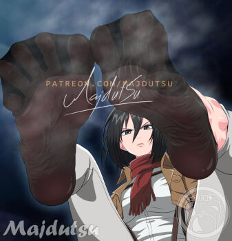 1girl black_eyes black_hair feet foot_focus jacket majdutsu mikasa_ackerman no_shoes paradis_military_uniform scarf shingeki_no_kyojin short_hair smell socks soles solo toes
