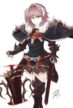 Rule 34 | 1boy, absurdres, adapted costume, alter servant, alternate color, androgynous, armor, astolfo (fate), astolfo (rider) (fate), black bow, black capelet, bow, capelet, closed mouth, commentary request, cowboy shot, daniel sung, fang, fate/apocrypha, fate (series), faulds, fur-trimmed capelet, fur trim, gauntlets, gorget, hair bow, hair intakes, highres, juliet sleeves, light frown, long hair, long sleeves, male focus, multicolored hair, multiple hair bows, orange eyes, pale skin, pink hair, puffy sleeves, scabbard, sheath, signature, simple background, skin fang, solo, spiked gauntlets, spurs, streaked hair, sword, trap of argalia, weapon, white background, white hair