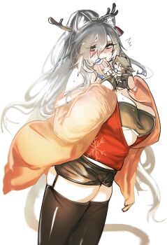 Rule 34 | 1girl, animal ears, arknights, bare shoulders, black shorts, black thighhighs, blush, breasts, cat ears, cat girl, cat tail, ceylon (arknights), character doll, cleavage, cowboy shot, doll, embarrassed, fake antlers, garter straps, grey hair, hair between eyes, high ponytail, highres, holding, holding stuffed toy, jacket, large breasts, long hair, long sleeves, looking at viewer, off shoulder, official alternate costume, open clothes, open jacket, parted lips, ponytail, red jacket, renka (renxka), schwarz (arknights), schwarz (presents) (arknights), short shorts, shorts, simple background, skindentation, snowflake print, solo, strapless, stuffed toy, sweat, tail, thighhighs, tube top, underboob, very long hair, white background, yellow eyes