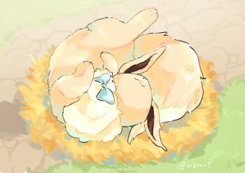 1other blue_ribbon brown_background brown_fur closed_mouth commentary eevee eitm_f gen_1_pokemon grass green_background highres lying nest nintendo no_humans on_back path pokemon pokemon_(creature) pokemon_focus ribbon road sleeping solo symbol-only_commentary twitter_username yellow_background