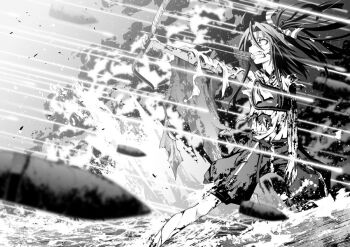 1girl akane_harurou amputee angry arrow_(projectile) blood blood_on_clothes blood_on_face bow_(weapon) clenched_teeth explosion female_focus greyscale hachimaki hair_ribbon headband high_ponytail holding holding_bow_(weapon) holding_weapon japanese_clothes kantai_collection long_hair long_sleeves monochrome muneate outdoors ponytail ribbon shells solo teeth water weapon zuihou_(kancolle)