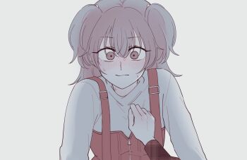 2girls arm_behind_back blush closed_mouth commentary female_pov grey_background highres hinomori_shizuku limited_palette looking_at_viewer momoi_airi multiple_girls noon_nerve pov project_sekai suspenders sweat yuri