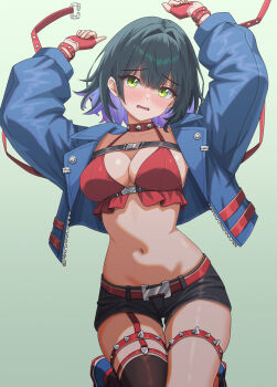 1girl absurdres arms_up belt black_hair black_shorts blue_jacket blue_shoes breasts brown_thighhighs chaos_zero_nightmare chest_harness choker cleavage colored_inner_hair commentary_request crop_top cropped_jacket fingerless_gloves garter_straps gloves gradient_background green_background green_eyes halterneck harness highres jacket konnzyou large_breasts looking_at_viewer midriff multicolored_hair navel open_clothes open_jacket open_mouth purple_hair red_choker red_gloves red_shirt revision shirt shoes short_hair short_shorts shorts simple_background single_garter_strap single_thighhigh sleeveless sleeveless_shirt solo spaghetti_strap stomach studded_choker studded_thigh_strap thigh_gap thigh_strap thighhighs thighs tressa_(chaos_zero_nightmare) two-tone_hair wavy_mouth zipper zipper_pull_tab