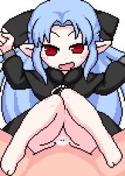 1boy 1girl age_difference akai_(ugokashitari) animated bar_censor blue_hair censored clitoris clothed_female_nude_male clothed_sex cowgirl_position cum cum_in_pussy cumdrip drooling hair_ribbon hands_on_own_hips happy happy_sex hetero len_(tsukihime) loli long_hair looking_at_viewer missionary navel nude open_mouth penis pixel_art pointy_ears pov pussy red_eyes ribbon saliva sex simple_background spread_legs straddling tsukihime ugoira vaginal video white_background