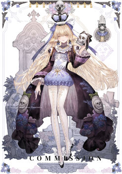 1girl absurdres baiguiyu blonde_hair bone bow braid cloak commission cross crown earrings expressionless floral_print flower grave highres hime_lolita holding holding_skull jewelry lolita_fashion long_hair looking_at_viewer original skeleton skull skull_ornament sword tombstone weapon white_background