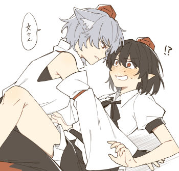 Rule 34 | !?, 2girls, animal ear fluff, animal ears, black gloves, black skirt, blush, brown hair, collared shirt, commentary request, detached sleeves, eye contact, fingerless gloves, gloves, grey hair, hair between eyes, hat, inubashiri momiji, looking at another, medium hair, missing wings, multiple girls, pointy ears, puffy short sleeves, puffy sleeves, red eyes, red hat, sakic43899, shameimaru aya, shirt, short hair, short sleeves, skirt, smile, speech bubble, sweat, tokin hat, touhou, translated, white shirt, wolf ears, wolf girl, yuri